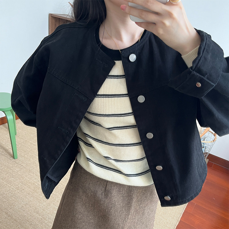winimini黑色牛仔外套女秋冬复古宽松显瘦圆领百搭小个子休闲上衣