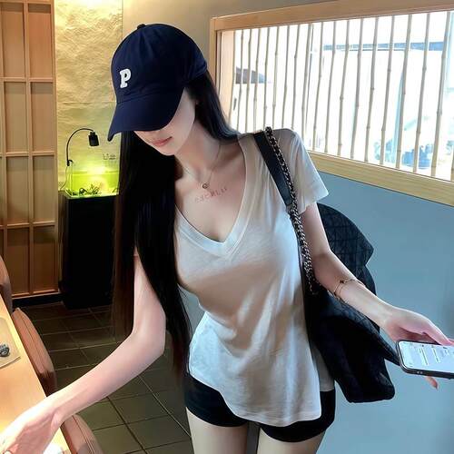 纯欲风白色V领正肩短袖T恤女夏季松弛感宽松显瘦百搭打底休闲上衣