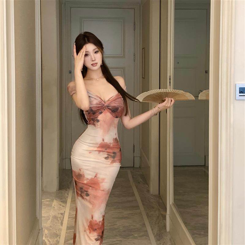 一字肩网纱印花连衣裙女2025春季新款法式心机修身显瘦鱼尾裙子,女装/女士精品,连衣裙,淘宝优惠券,粉丝福利购,淘宝优惠卷