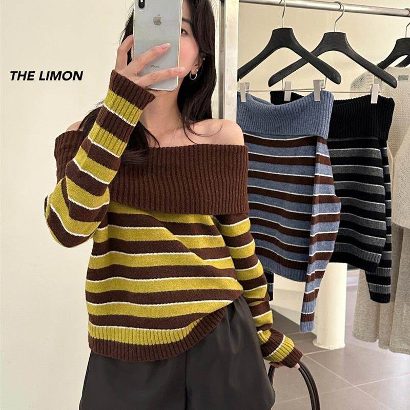 慵懒风撞色条纹一字肩软糯套头毛衣女秋冬宽松显瘦长袖针织衫上衣,女装/女士精品,毛针织衫,淘宝优惠券,粉丝福利购,淘宝优惠卷