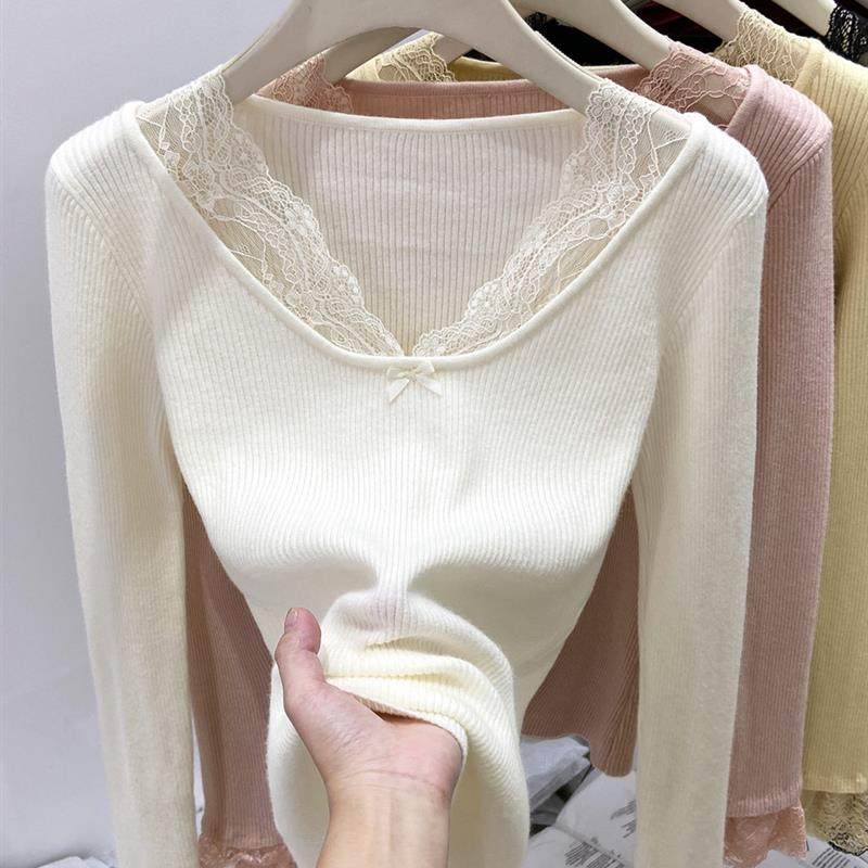 蕾丝针织衫女内搭2025秋冬新款高级感加厚毛衣修身显瘦打底衫上衣,女装/女士精品,毛针织衫,淘宝优惠券,粉丝福利购,淘宝优惠卷