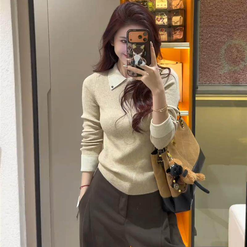 法式翻领针织打底衫女秋冬内搭设计感小众气质假两件修身长袖上衣,女装/女士精品,毛针织衫,淘宝优惠券,粉丝福利购,淘宝优惠卷