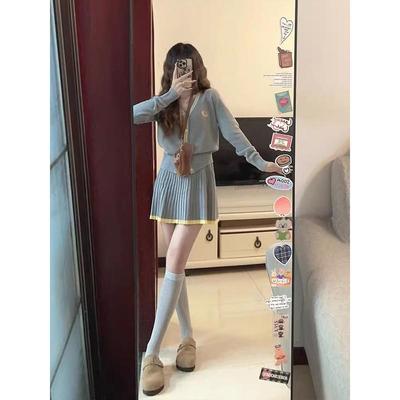 早秋学院风v领针织开衫上衣女法式气质高腰显瘦百褶半身裙两件套