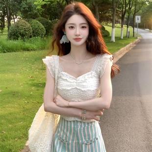 白色蕾丝花边方领小飞袖吊带背心女夏外穿修身显瘦辣妹穿搭短上衣