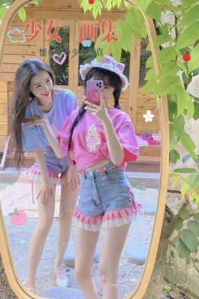 红格少女甜美蕾丝短裤2025夏新花边显瘦修身包臀高腰牛仔短裤A字