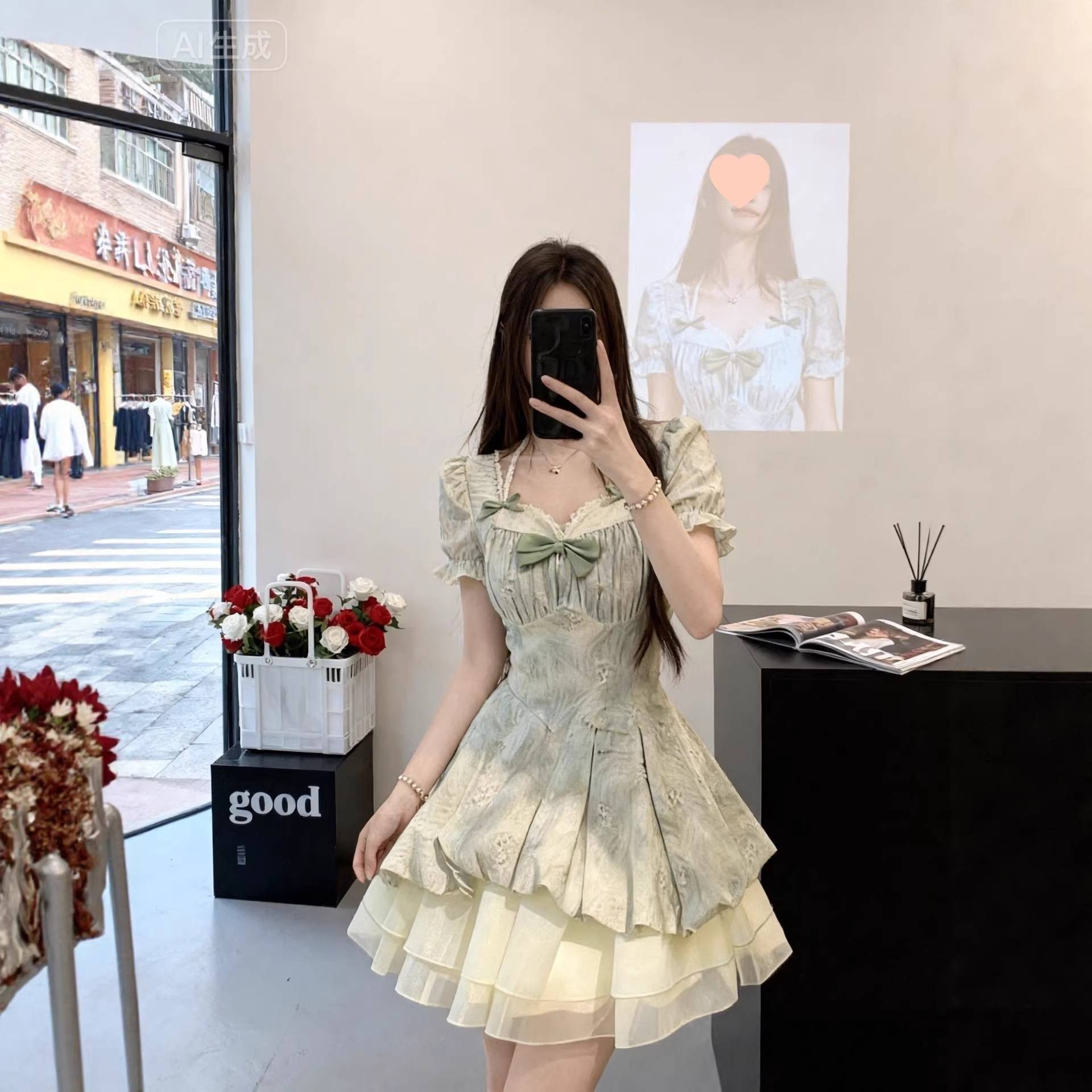 春夏新款法式气质甜美温柔小清新泡泡袖修身少女感公主短袖连衣裙