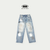 AILIAI艾力艾美式 休闲裤 复古做旧牛仔裤 手工泼墨酷感宽松阔腿工装