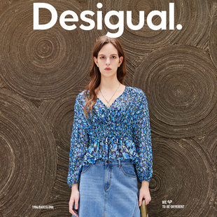 Desigual碎花印花V领收腰分袖女式上衣衬衫