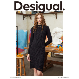 Desigual【西班牙时尚品牌】秋加厚直筒绞花刺绣圆领连衣裙