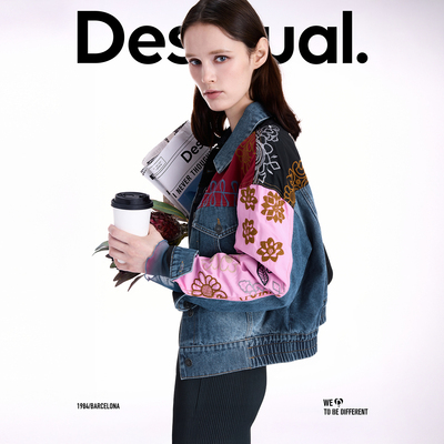 Desigual25秋冬新品撞色拼接刺绣设计解构牛仔夹克女士外套