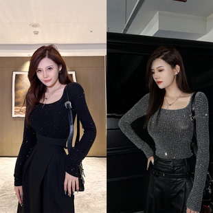 时尚闪钻设计感长袖修身上衣黑色小众秋冬网红款2026年新款气质