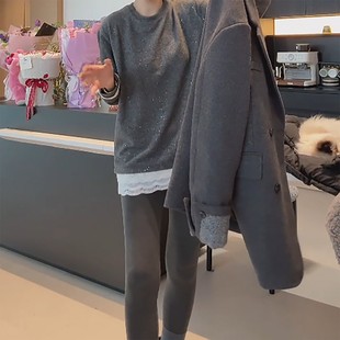 秋冬寬松中長款 女2025新款 內搭上衣女 t恤打底衫 黑色拼接花邊長袖