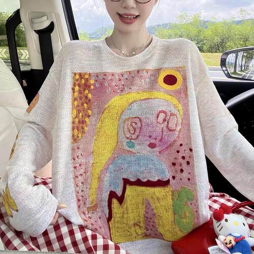 运补6 米设计感抽象涂鸦印花长袖T恤女2025秋季宽松圆领休闲上衣