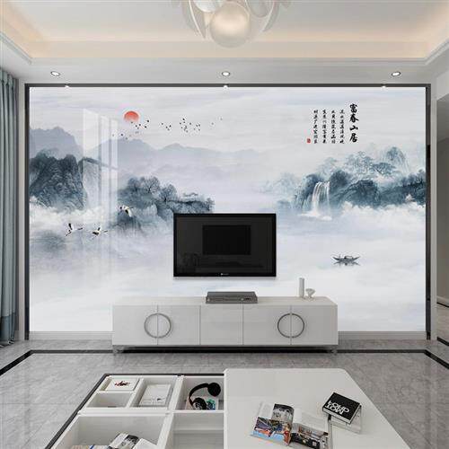 新中式电视背景墙装饰壁画5D意境山水壁纸无缝壁布8D定制影视墙布