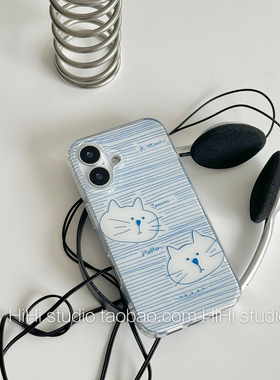 ZKA海盐蓝条纹两猫咪适用于荣耀400/300ultra/200pro/90/80手机壳magic7PRO女x60pro荣耀X50magic6白底IMD