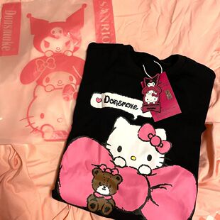 出口外贸折扣奥特莱斯专柜撤回 纯棉Kitty猫印花黑色女宽松上衣潮