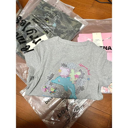 广州十三行外贸订单~韩版休闲百搭纯棉海豚印花男女短袖T恤上衣潮