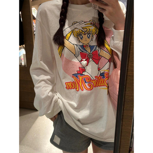 海外订单 T恤 清仓捡漏奥特莱斯外贸可爱美少女印花宽松纯棉长袖