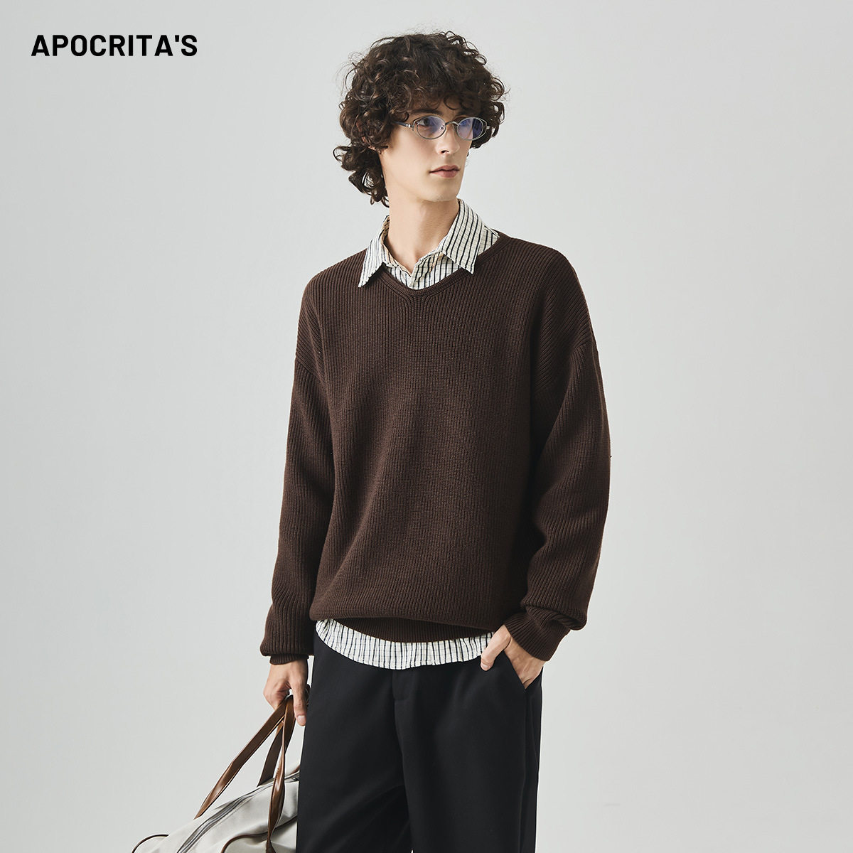 apo男装 |v领毛衣男士秋季简约宽松慵懒风休闲长袖针织衫上衣