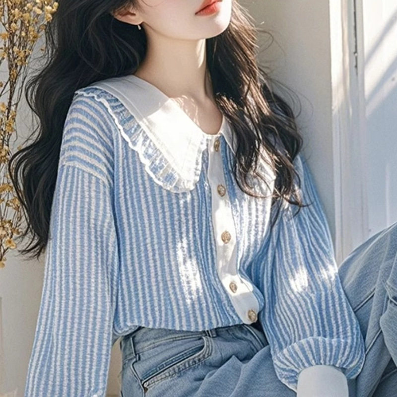 法国cherry kitty蓝色条纹蕾丝拼接娃娃领衬衫女春季今年流行超