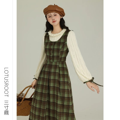 法国cherry kitty学院风假两件绿色格子连衣裙子秋冬季女装