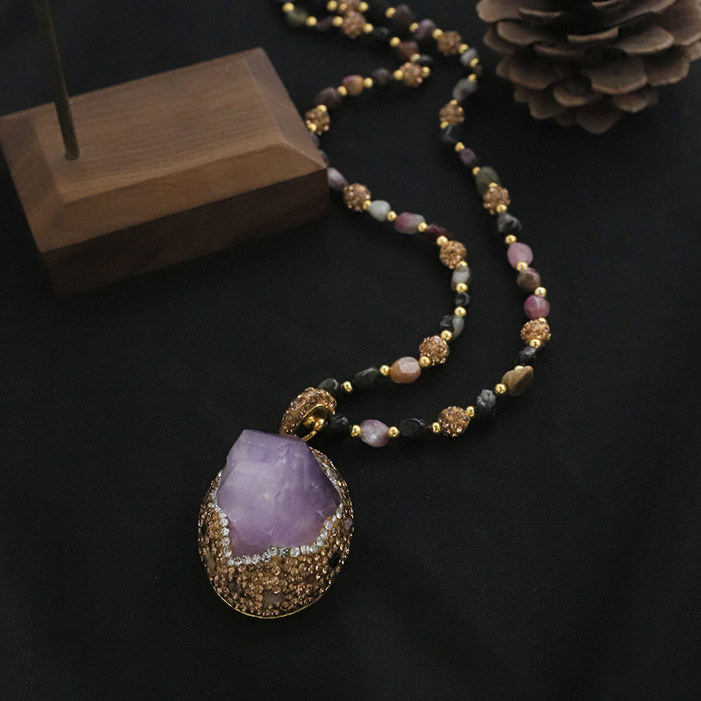 日系设计师TopWhit中古vintage包边紫水晶碧玺项链多彩宝石时尚