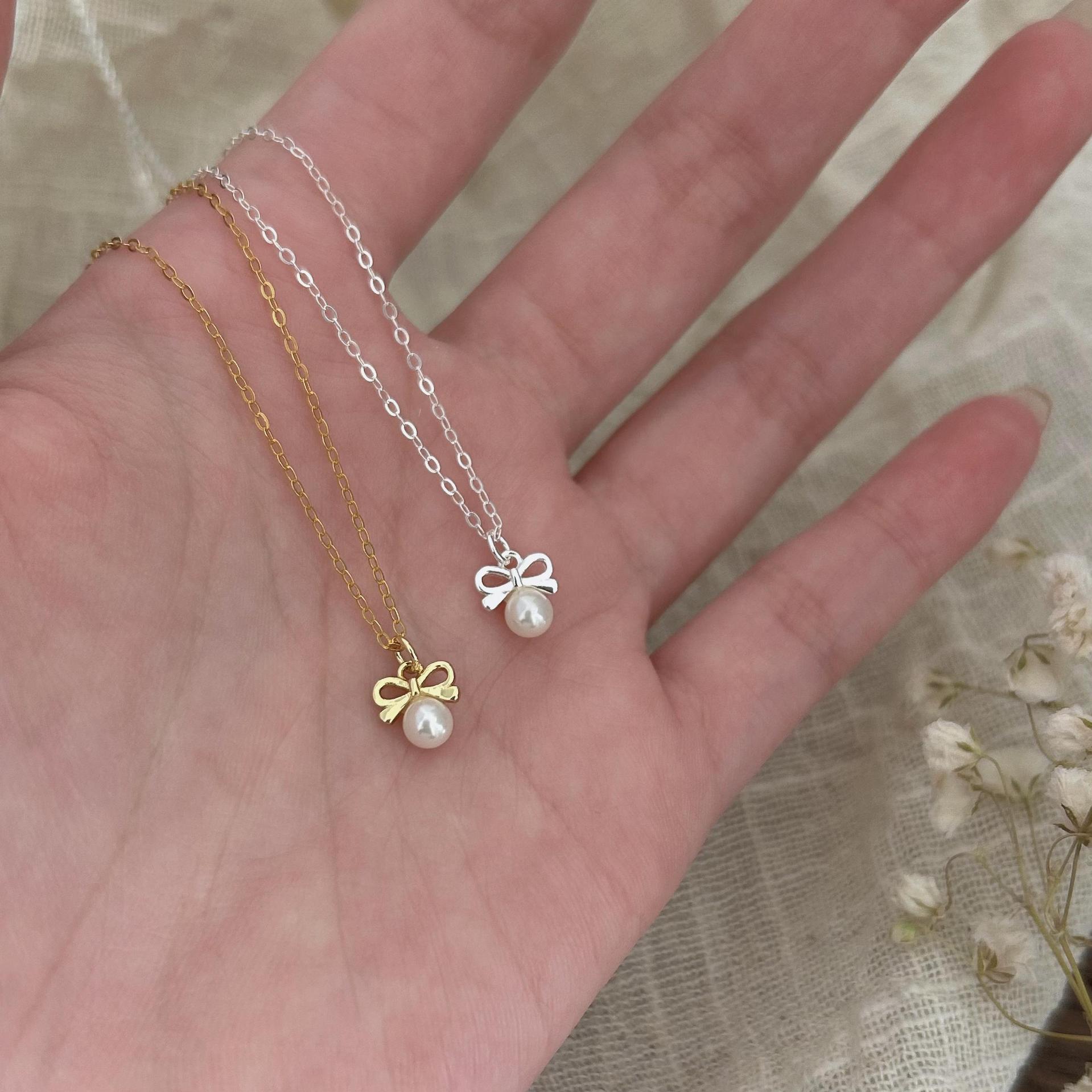 日系设计师topwhit 925银蝴蝶结珍珠项链简约ins项链