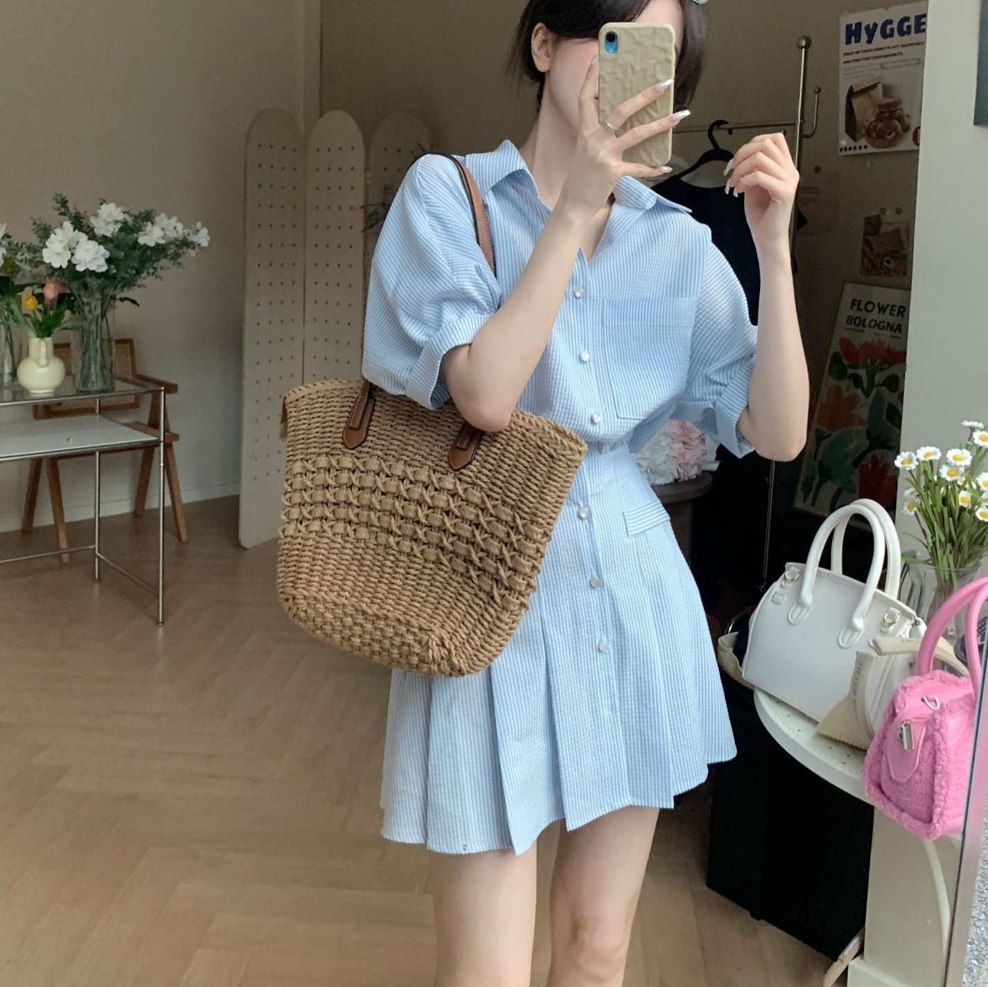 法国CherryKoko布拉格泡菜少女 条纹衬衫连衣裙春夏超显瘦连衣裙