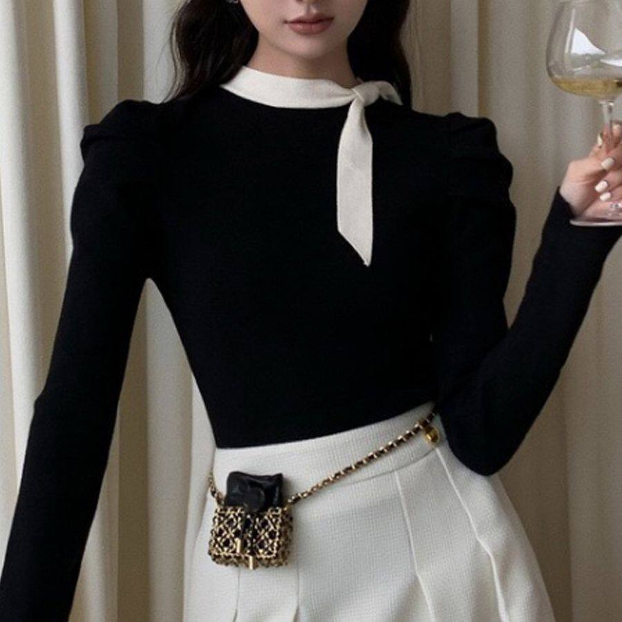 法国Cherry Kitty小香风黑色蝴蝶结半高领内搭打底衫女秋冬冬季