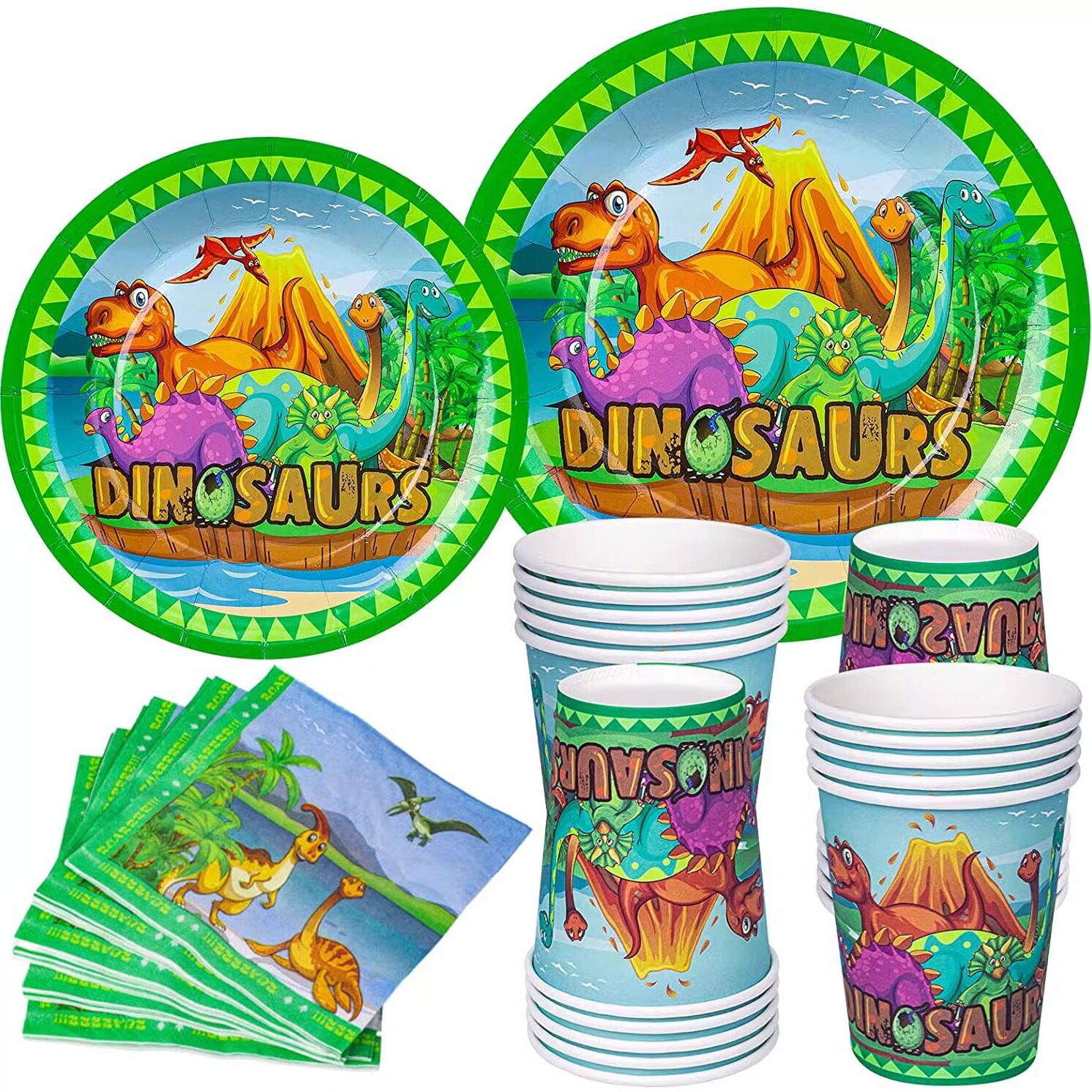 恐龙主题生日布置一次性纸盘杯子儿童生日会装饰派对用品帽子拉旗