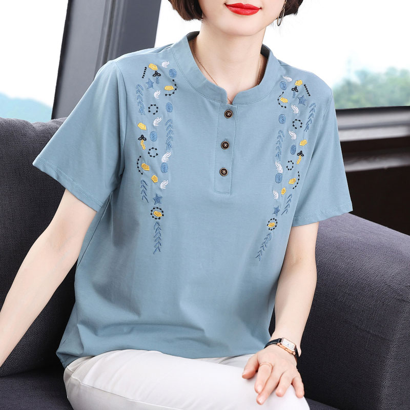 纯棉短袖t恤女 宽松大码减龄衬衫2025夏装新款中老年妈妈体恤上衣