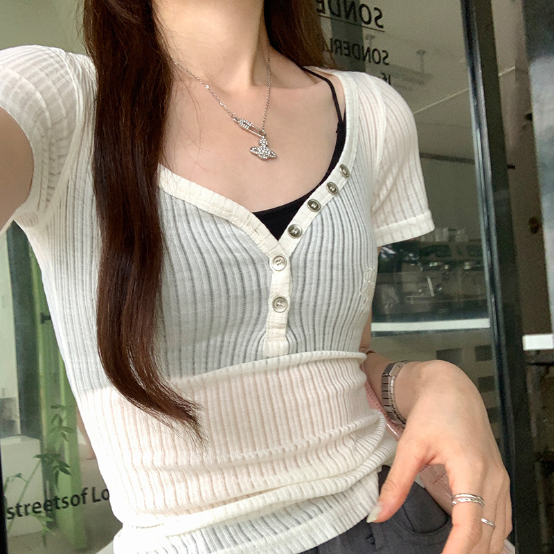 薄款微透正肩半排扣短袖T恤女夏季2024新款修身纯欲性感辣妹上衣