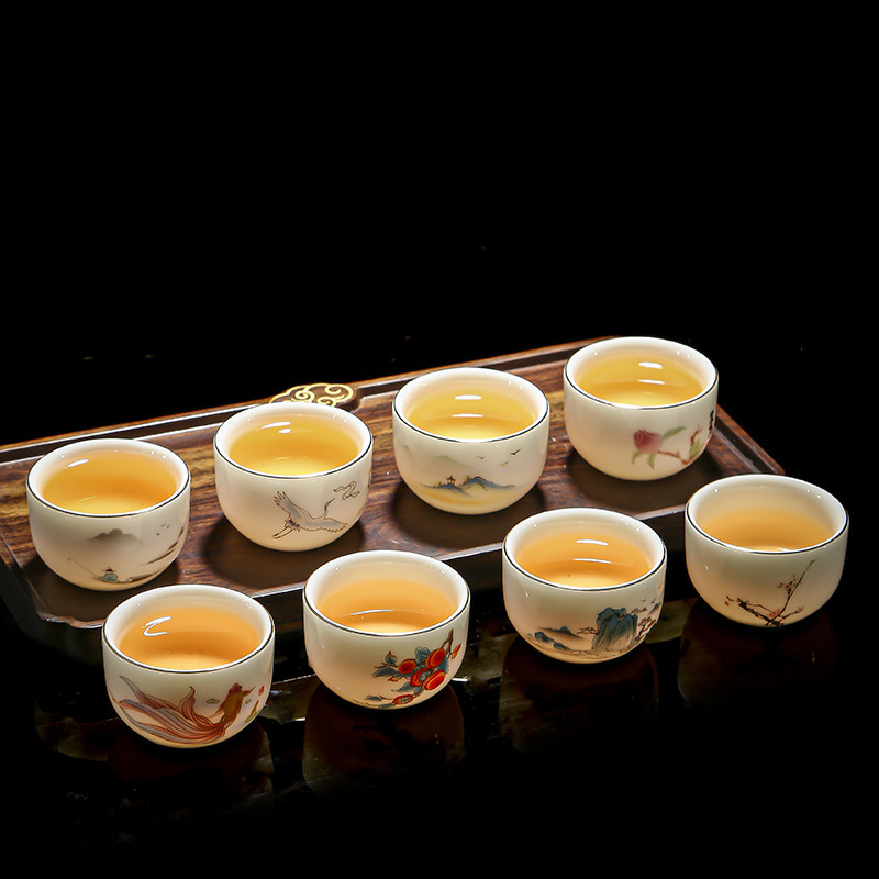 加厚防烫羊脂玉功夫茶具描金小茶杯中式6祇装中国白多图案泡茶杯