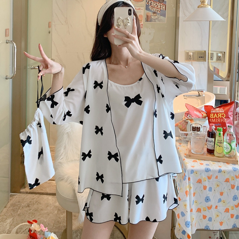 3睡衣女夏天薄款冰丝绸性感吊带白色三件套装韩版ins蝴蝶结家居服