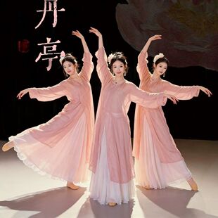 新款 中国风节目演出服 明制古典舞蹈服牡丹亭烫金圆领飘逸长袍开衫
