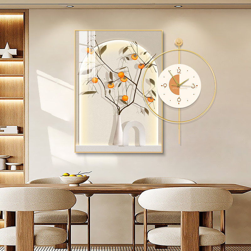 速发柿柿如意饭厅装饰画钟表饭厅背景墙简画挂约高档客厅时钟壁画