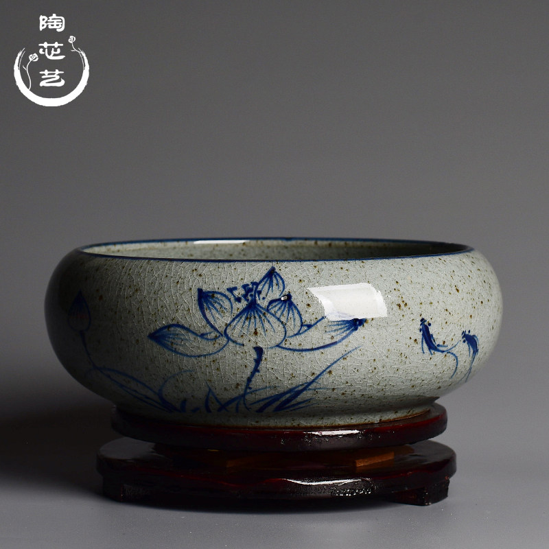 速发复古中国风手绘水仙花盆陶瓷圆形铜钱草水培睡大一叶莲特莲花