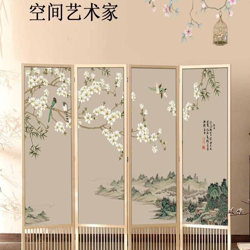 速发玄木屏风书断实关新中式家用可移动折叠遮挡客厅卧室隔房酒店