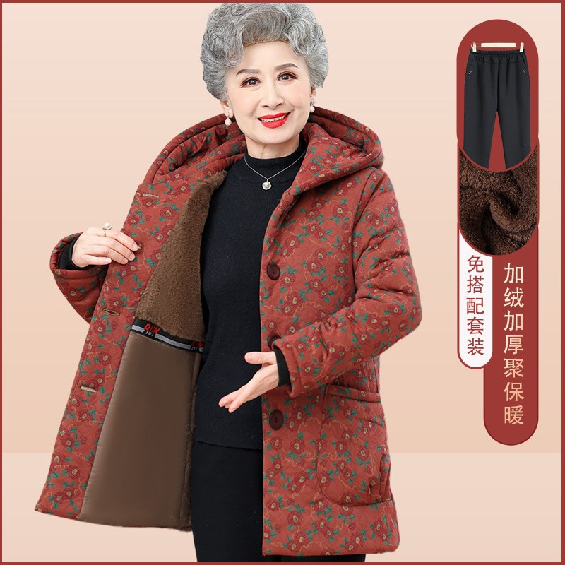 速发老年装奶奶装天厚冬衣妈妈棉装中长款连帽棉服老人冬加防寒棉