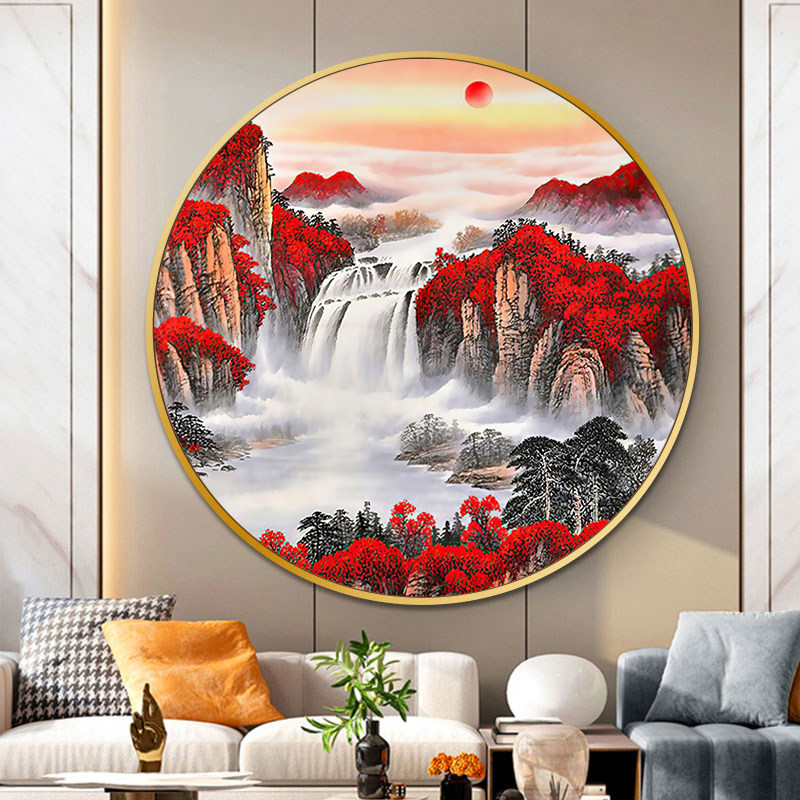 速发2024新款形鸿运当头满钻玄关宣绒布5D贴圆画钻画风景绣