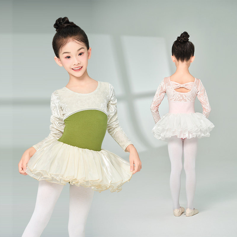 速发舞蹈服儿童秋冬长袖芭蕾蓬裙童丝绒带内衬练功服裙蓬舞小纱裙