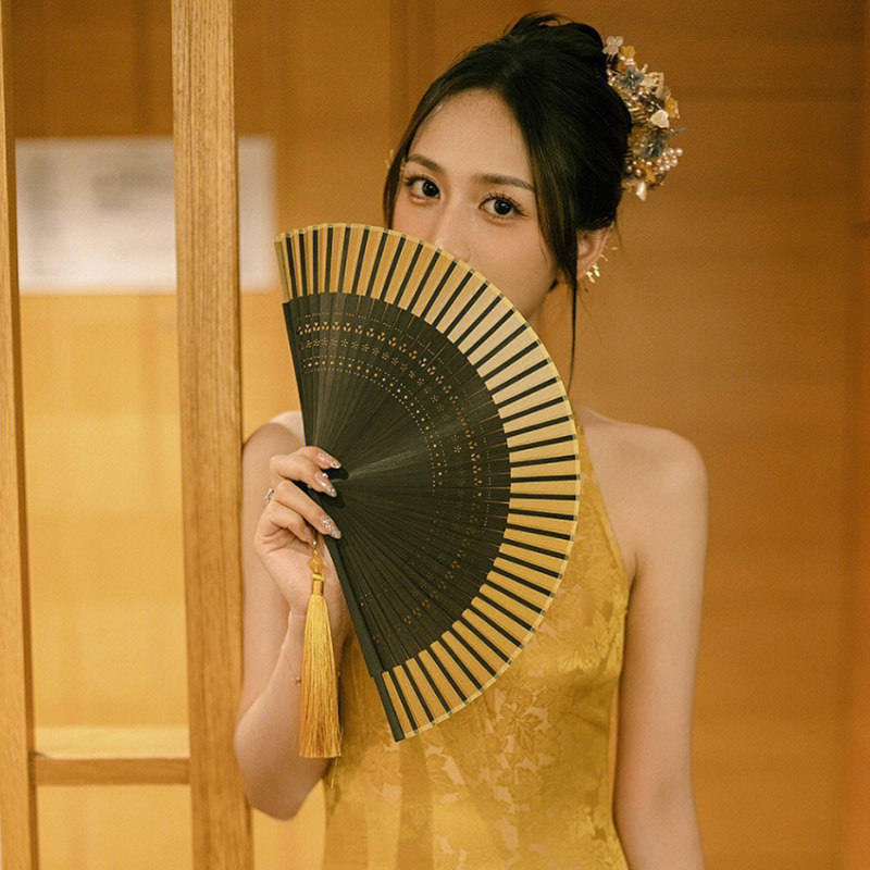 速发绿礼晨庆旗袍拍摄道具结婚扇子渐变金色婚色新娘折扇古风婚袍
