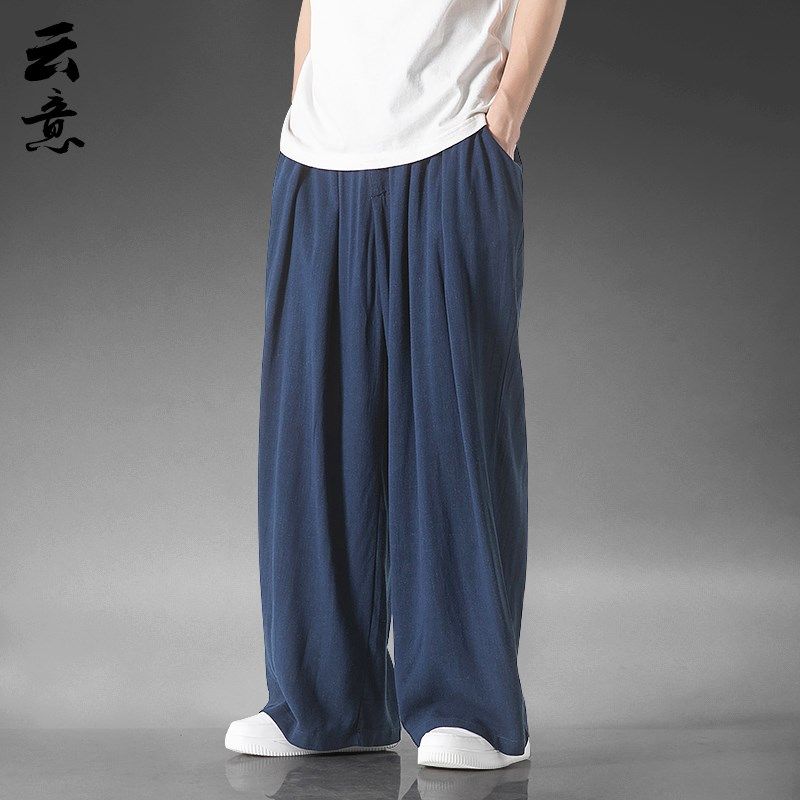 速发夏棉中国风亚麻长裤男士宽松大码休闲透阔腿裤季麻直筒裤气裤