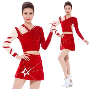 速发新款露肩啦啦操服装丝绒拉拉队舞台装健美操服装广播出操演体