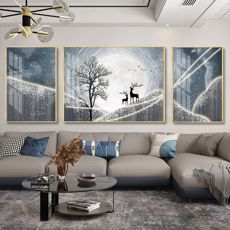 速发客厅装饰画三联简约月光麋鹿沙发背景墙晶瓷壁画大气组合挂画图片
