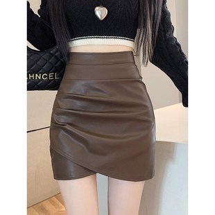 速发娜娜新质PU皮半身裙2A24气款 高腰褶皱百搭包臀裙0字裙
