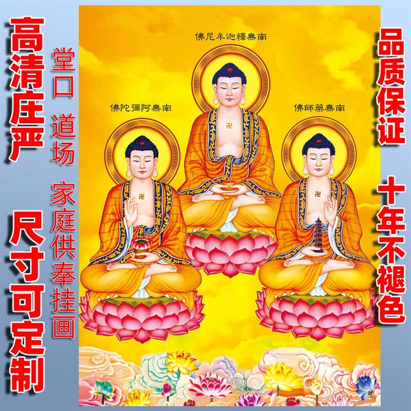 速发阿弥陀佛牟迦像尼佛药师佛画三宝佛神像挂画三世佛竖版佛释画