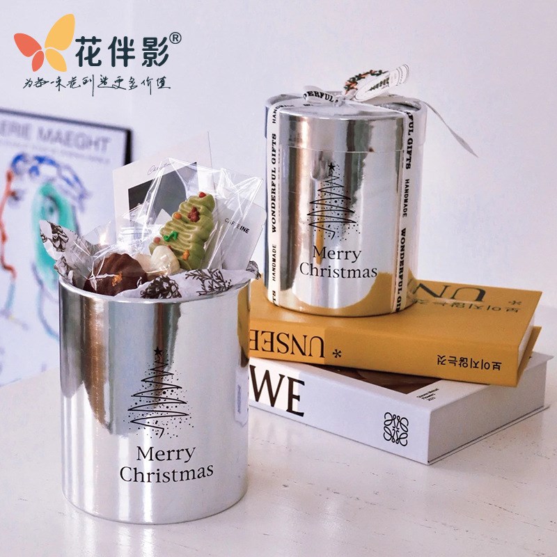速发花诞雪花雪抱桶花盒镜面银色包装盒圣束抱松插花盒平安果礼盒