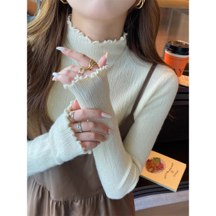 设计感色 秋冬半高领内搭毛衣白上针织衫 速发木耳边打底衫 202新款