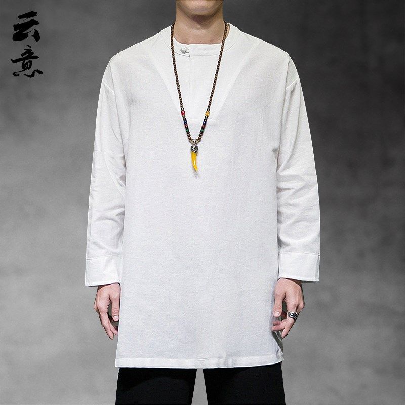 速发中国风春亚麻风长外套男居衣款古风中士禅服棉麻汉服长衫大褂